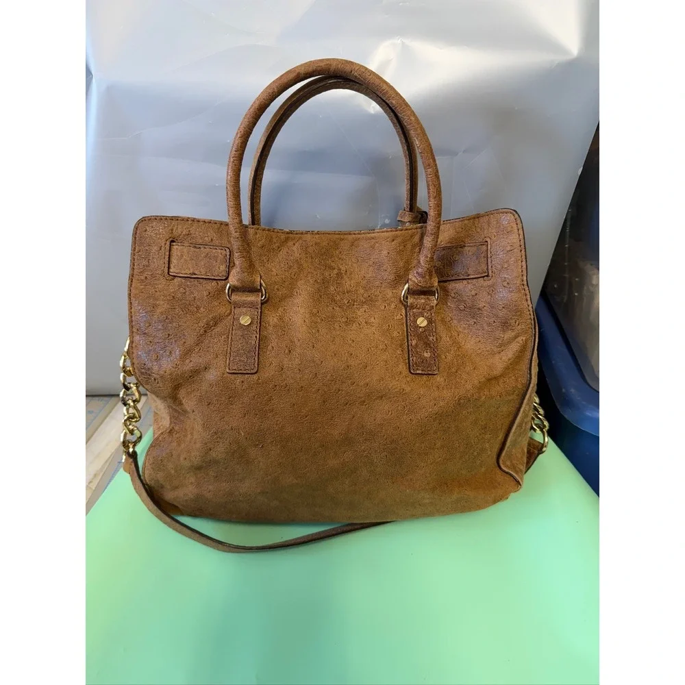 Michael Kors Hamilton Ostrich Embossed Leather Satchel Brown Gold Link Strap
